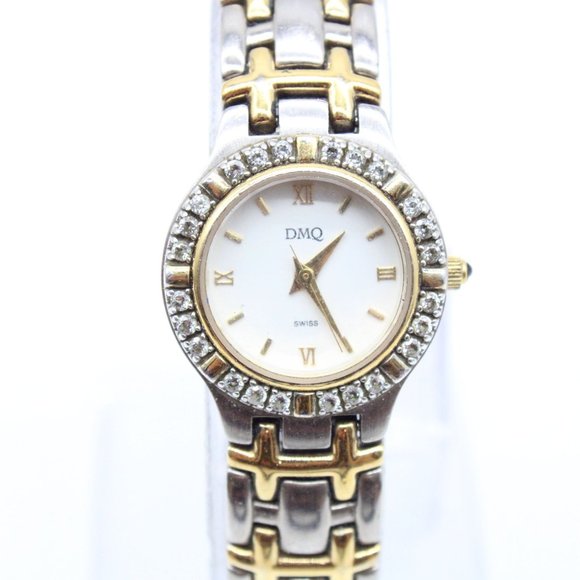 DMQ Swiss Watch Womens Two Tone Stainless Steel Classic Rhinestones Dial Quartz - Picture 3 of 8